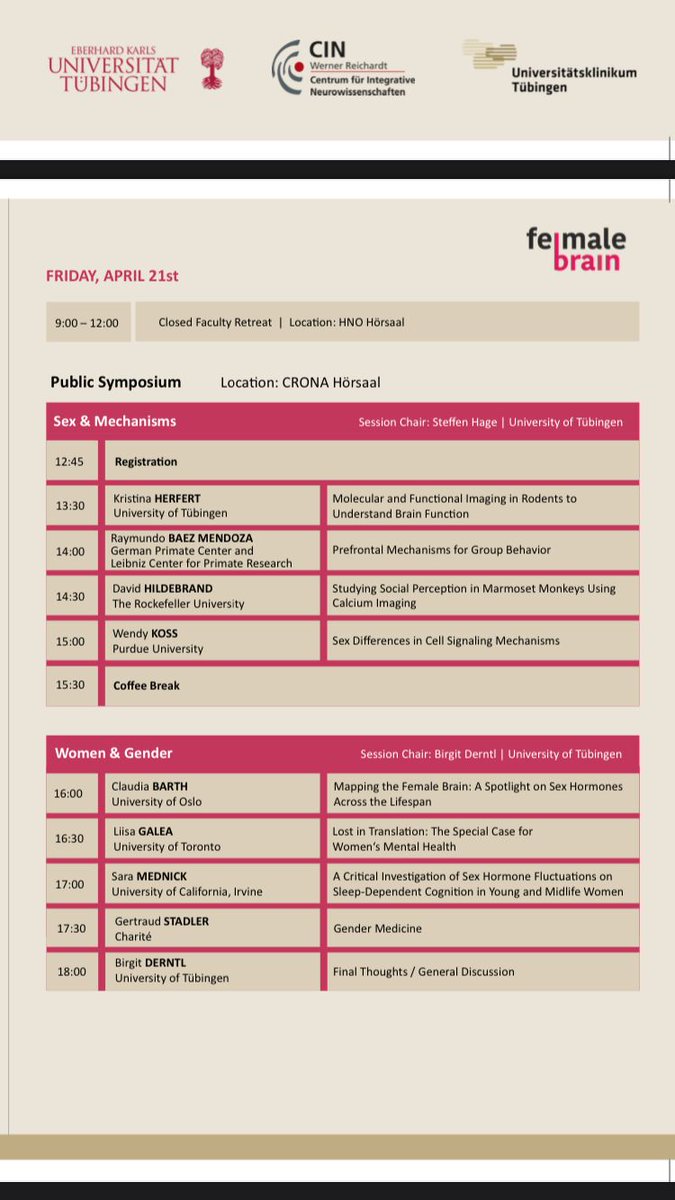 IRTG2804 (@irtg2804) on Twitter photo The second day of the female brain symposium starts soon!
The first part will be on "Sex & Mechanisms" and the second part on "Women & Gender" 🧠
Feel free to join!
<a href="/_female_brain_/">female_brain</a> <a href="/uktuebingen/">Uniklinikum Tübingen</a> The second day of the female brain symposium starts soon!
The first part will be on "Sex & Mechanisms" and the second part on "Women & Gender" 🧠
Feel free to join!
<a href="/_female_brain_/">female_brain</a> <a href="/uktuebingen/">Uniklinikum Tübingen</a>