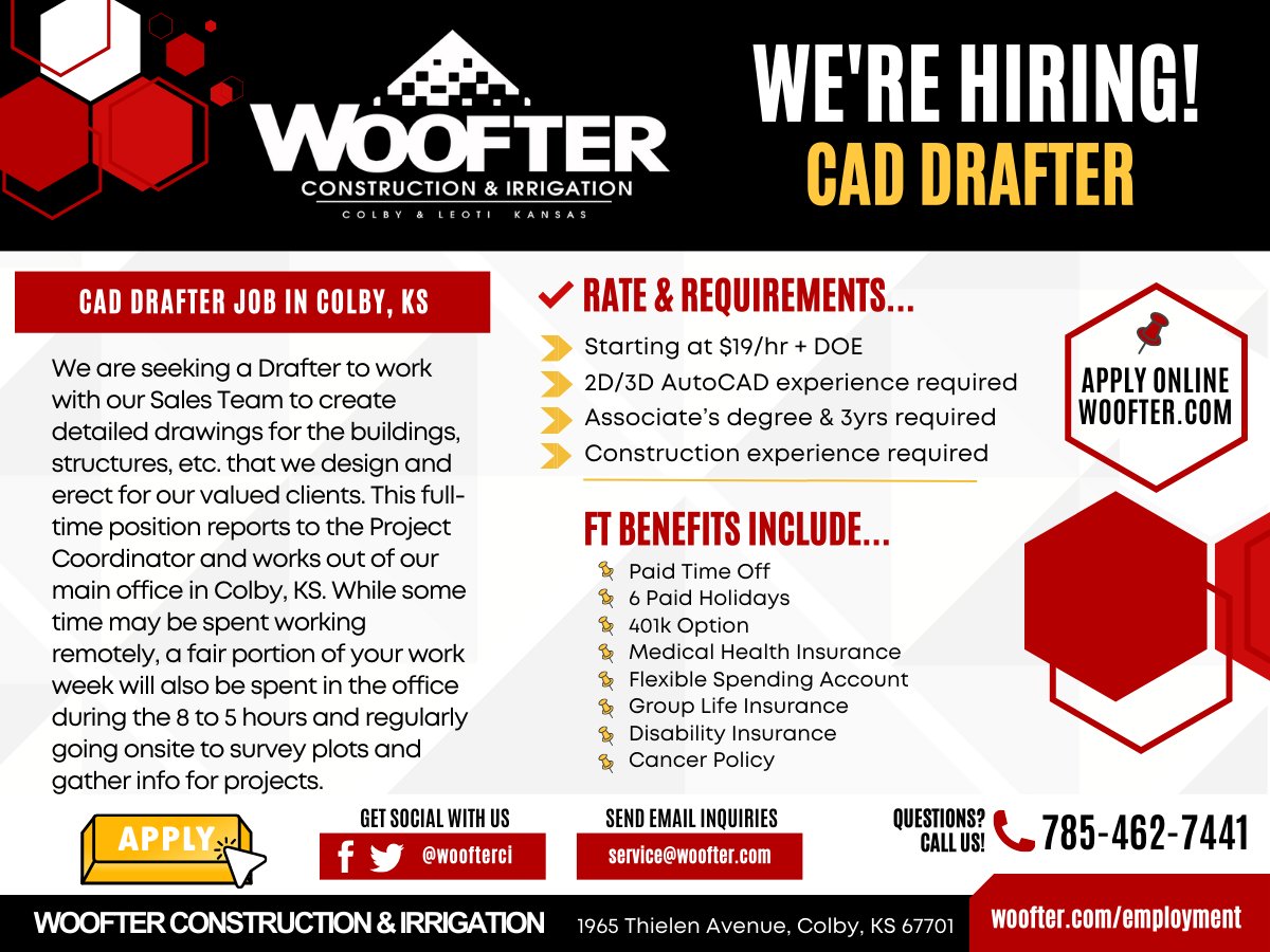 WoofterCI's tweet photo. 👩💻 Seeking an experienced #AutoCAD #Drafter to create detailed 2D/3D drawings for the buildings, structures, etc. that we design and erect for our valued clients in the tri-state area. 👉 Apply at https://t.co/CrQvV7g7Lr or call with any questions! #KansasJobs #CADJobs #ColbyKS https://t.co/ZiafO05KFZ
