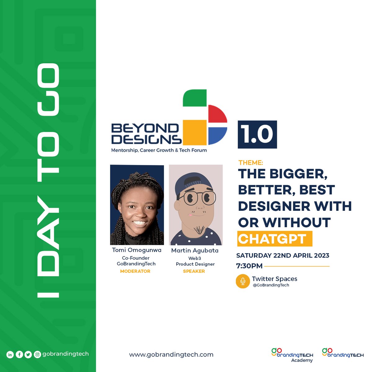 GoBrandingTech's tweet photo. Hello Techies,

It's one day to go.
Let's catch up this Saturday on Twitter Spaces. 
There's a lot to talk about.
Set your reminders!

#gobrandingtech 
#twittterspaces
#training 
#mentorship
#digitalillustration 
#digitalskills 
#digitalart 
#graphicdesign https://t.co/PnhdslzPsJ