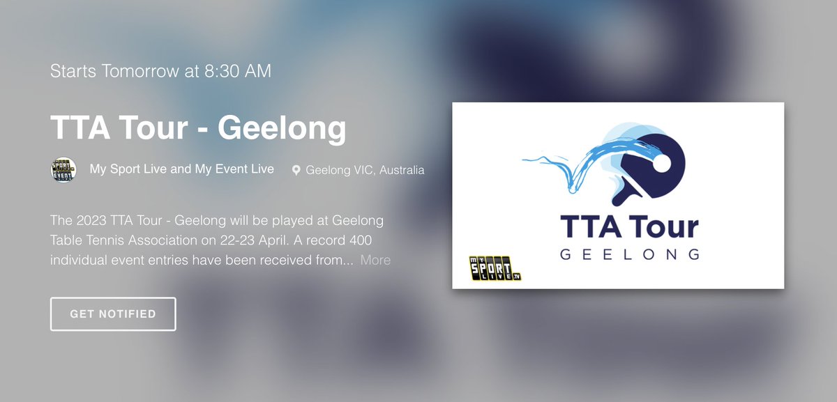 The 2023 TTA Tour will hit Geelong TOMORROW, and we'll be streaming all the action LIVE! 🏓

Tune in tomorrow via the <a href="/TableTennisAus/">Table Tennis Australia</a> Facebook page, or through our live streaming platform here: bit.ly/3KZmKN4  

#MSL #mysportlive #TTA #tabletennis