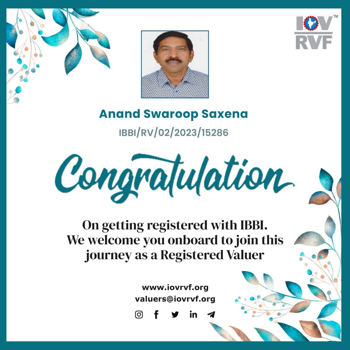 IOVRVF's tweet photo. Congratulations, On Getting Registered with IBBI.
We welcome you onboard to join this journey as a registered valuer. 😊
https://t.co/cmStfRhNYQ
#IOVRVF #IBBI #Congratualtions #RegisteredValuers #Valuers #Valuations #Valuation #businessvaluation #finance https://t.co/I88leJqhkD
