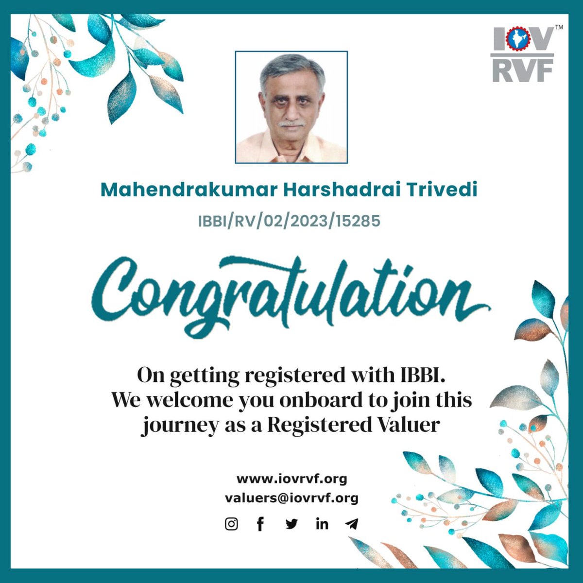 IOVRVF's tweet photo. Congratulations, On Getting Registered with IBBI.
We welcome you onboard to join this journey as a registered valuer. 😊
https://t.co/cmStfRhNYQ
#IOVRVF #IBBI #Congratualtions #RegisteredValuers #Valuers #Valuations #Valuation #businessvaluation #finance https://t.co/I88leJqhkD