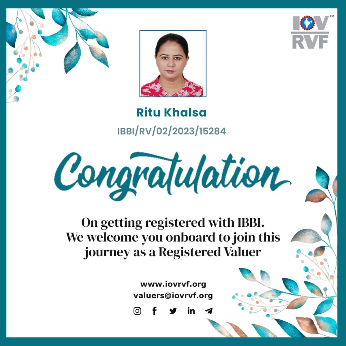 IOVRVF's tweet photo. Congratulations, On Getting Registered with IBBI.
We welcome you onboard to join this journey as a registered valuer. 😊
https://t.co/cmStfRhNYQ
#IOVRVF #IBBI #Congratualtions #RegisteredValuers #Valuers #Valuations #Valuation #businessvaluation #finance https://t.co/I88leJqhkD