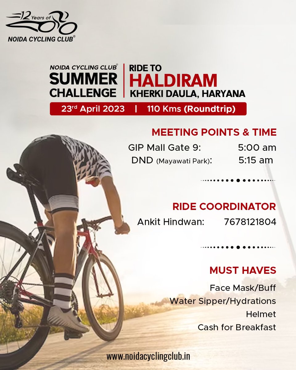 Come out for Noida Cycling Club Summer Challenge Ride this Sunday.
It's going to be extreme hot, so don't forget to carry your essentials.
#noidacyclingclub #beatheheat