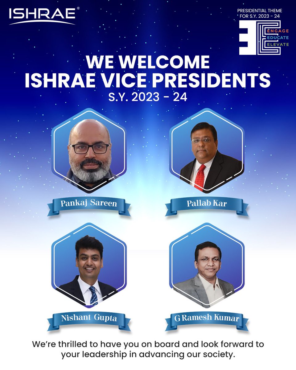 ishraehq's tweet photo. We Welcome ISHRAE Vice Presidents 2023-24.
We're thrilled to have you on board and look forward to your leadership in advancing our society.
#ISHRAE #engageeducateelevate #iamishrae #myishrae #ishraechapters #ishraehq #installation #newyearnewgoals #hvacr #engineeringsolutions https://t.co/wVEEj3kA1L