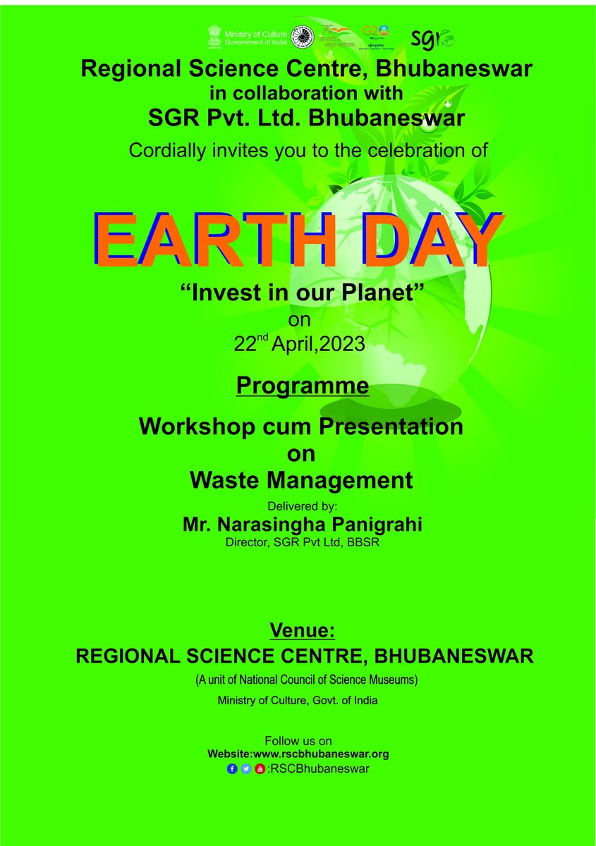 RSCBhubaneswar's tweet photo. Invitation regarding celebration of #EarthDay2023 from @RSCBhubaneswar a unit of @ncsmgoi and @sgrpvtltd by conducting Workshop cum Presentation on #wastemanagement on 22nd April, 2023.
#AzadiKaAmritMahotsav #g20summit2023 #workshop #presentation https://t.co/aCYfEy0GfX