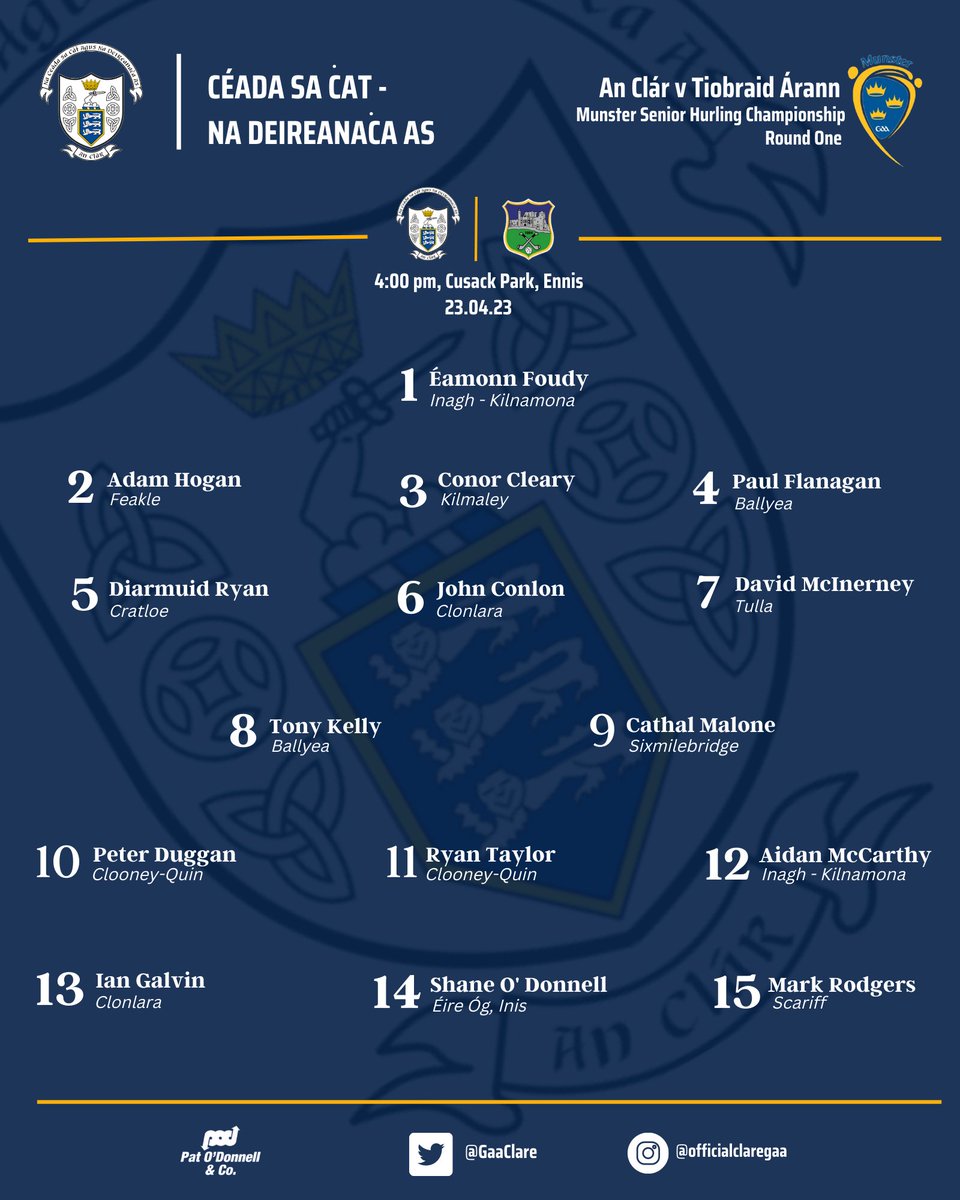 GaaClare's tweet photo. Clare have named their starting fifteen and bench to host Tipperary at Cusack Park in Sundayโs opening round of the Munster Senior Hurling Championship. The very best wishes to the lads and their management. #LetsPackthePark #UptheBanner https://t.co/jxDEoVia1V