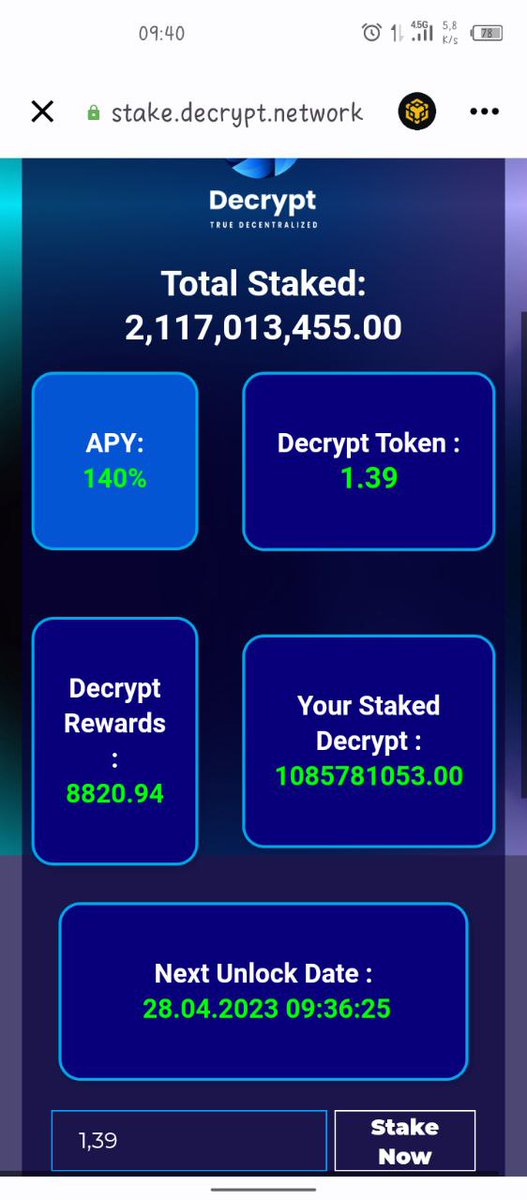 geocrypto_'s tweet photo. @dr_crypto_calls @DecryptBSC staking utility is live!
https://t.co/TfjNXVKpsM
APY 140% with 7 days lock duration

Note :
* User can claims rewards anytime.
* Early Withdrawal/Unstake will get 10% penalty fee.
* Don't stake max wallet. https://t.co/JnvdjHDlYL