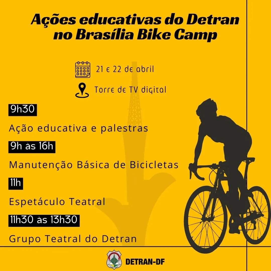 raynierevictor1's tweet image. A Diretoria de Educação de Trânsito do #DetranDF estará presente no maior evento ciclístico do Brasil, o Brasília Bike Camp 2023, em comemoração ao 63º aniversário de Brasília. Será nos dias 21, 22 e 23/4, na Torre de TV Digital. Se liguem na programação das atividades educativas
