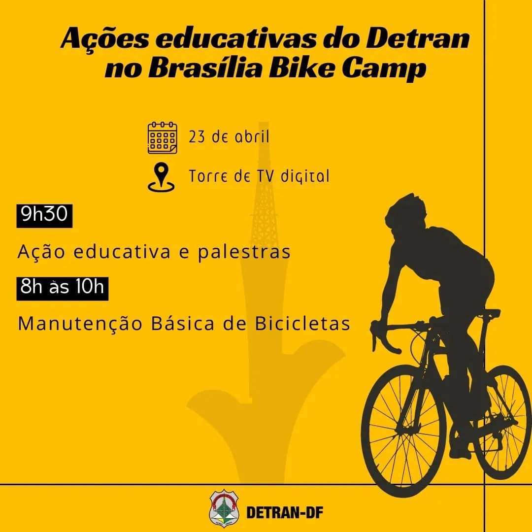 raynierevictor1's tweet image. A Diretoria de Educação de Trânsito do #DetranDF estará presente no maior evento ciclístico do Brasil, o Brasília Bike Camp 2023, em comemoração ao 63º aniversário de Brasília. Será nos dias 21, 22 e 23/4, na Torre de TV Digital. Se liguem na programação das atividades educativas
