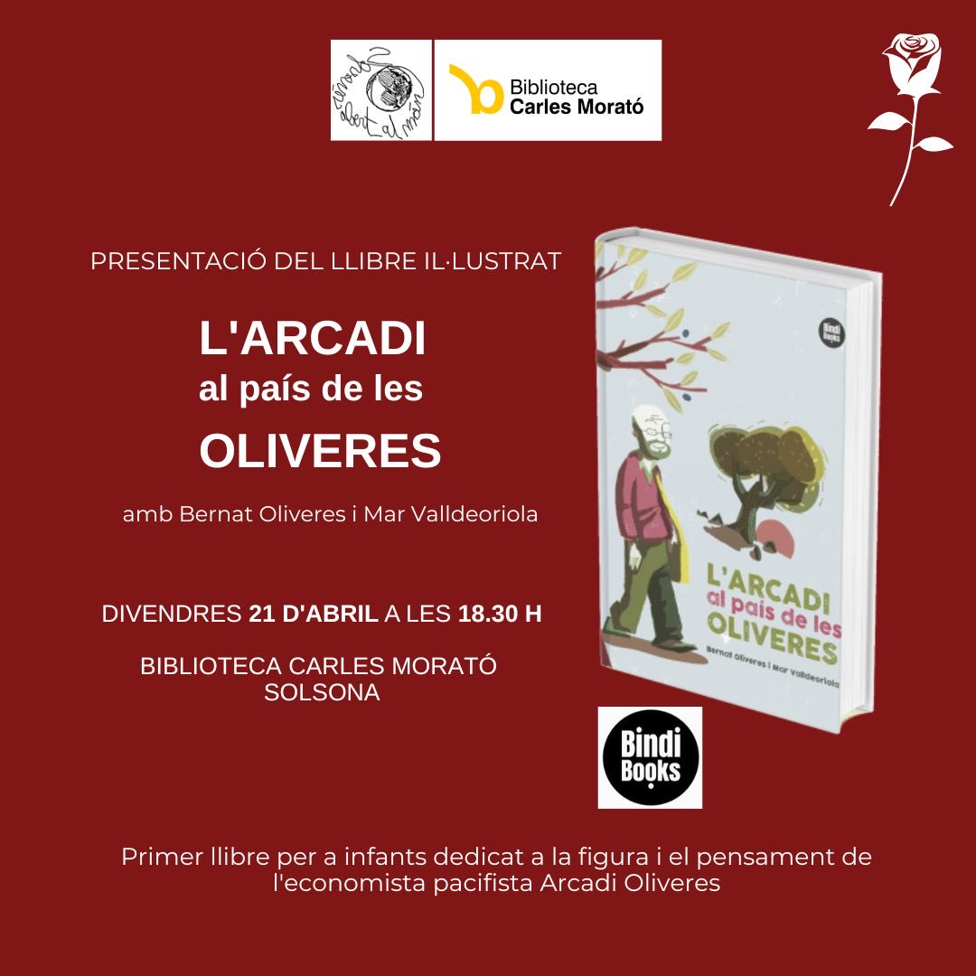 Avui ens veiem a #Solsona! Hi serem anb el ⁦<a href="/bernatoliveres/">Bernat Oliveres</a>⁩ per parlar de L’Arcadi al país de les oliveres a la ⁦<a href="/BiblioSolsona/">Biblioteca Solsona</a>⁩ en un acte organitzat per Solsonès Obert al Món. Us hi esperem! #SantJordi ⁦<a href="/bindi_books/">BindiBooks</a>⁩