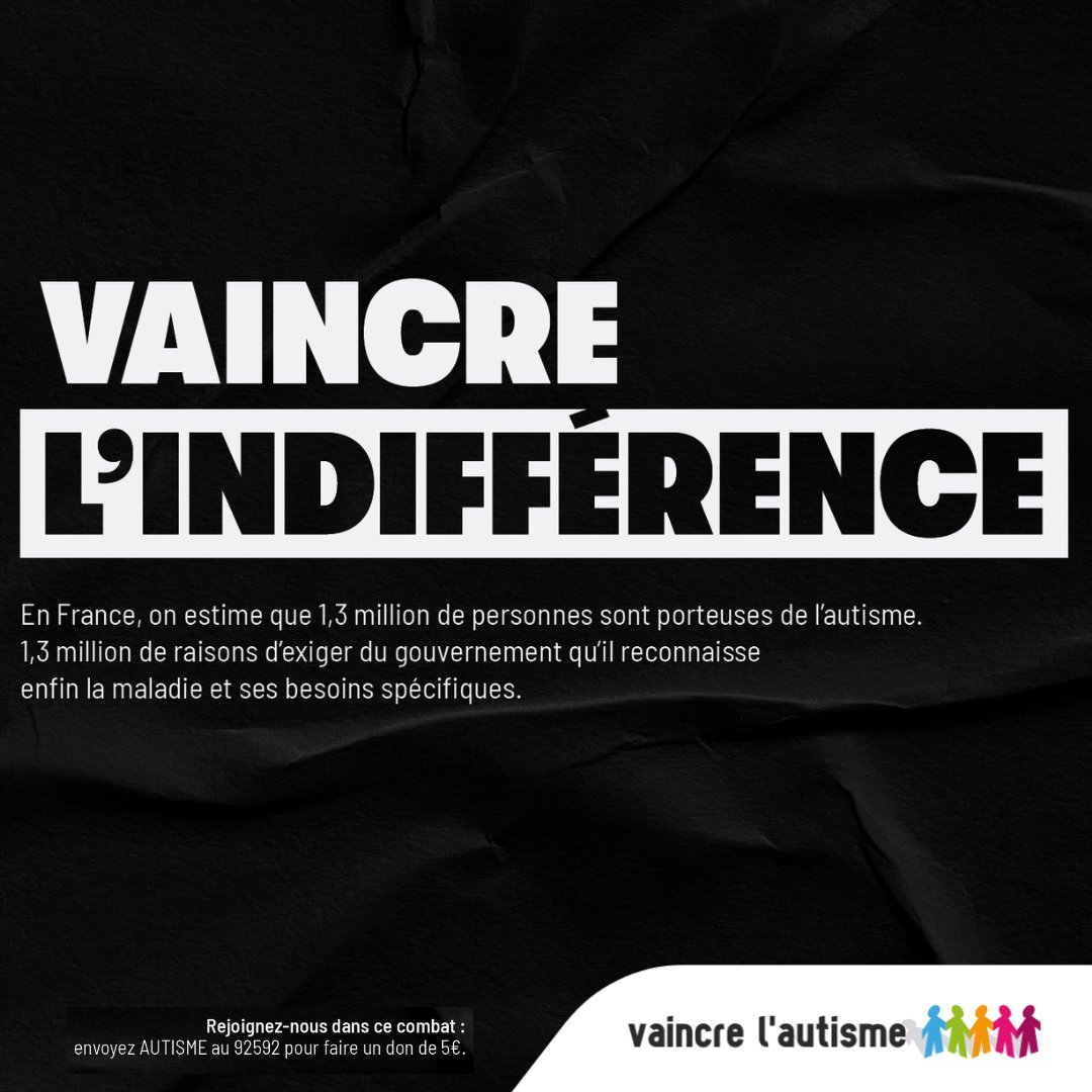 #CampagneVAINCRE2023 : 
Il faut vaincre l'indifférence, car en France on estime que 1.3 million de personnes sont porteuses de l'autisme. 1.3 million de raisons d'exiger du gouvernement qu'il reconnaisse enfin la maladie et ses besoins spécifiques. Rejoignez-nous dans ce combat!