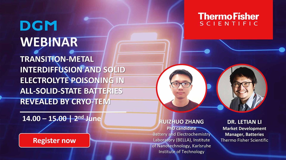 DGM_eV's tweet image. Solid-state batteries are the future of energy storage, but their implementation is hindered by side reactions and degradation during cycling. Join us for the upcoming webinar 👉ow.ly/j0Bf50NMH7Q

#SolidStateBatteries #CryoTEM #EnergyStorage #ThermoScientific #Webinar #DGM