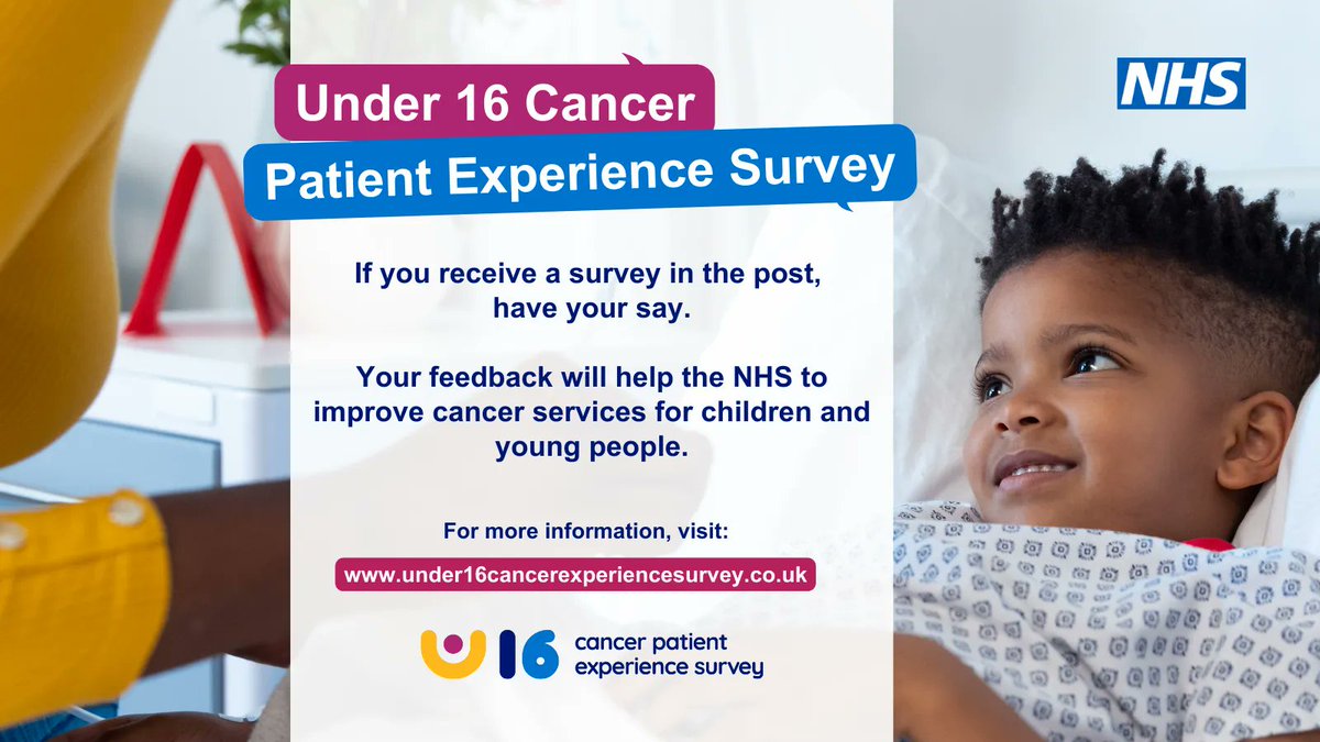 Children aged 16 and under cared for or treated for cancer in 2022, and their parents/carers, are being invited to take part in a survey to help improve cancer care services.

If invited, please have your say 💛

<a href="/NHSEngland/">NHS England</a>
#U16CancerPatientSurvey 
cclg.uk/43QgW1a