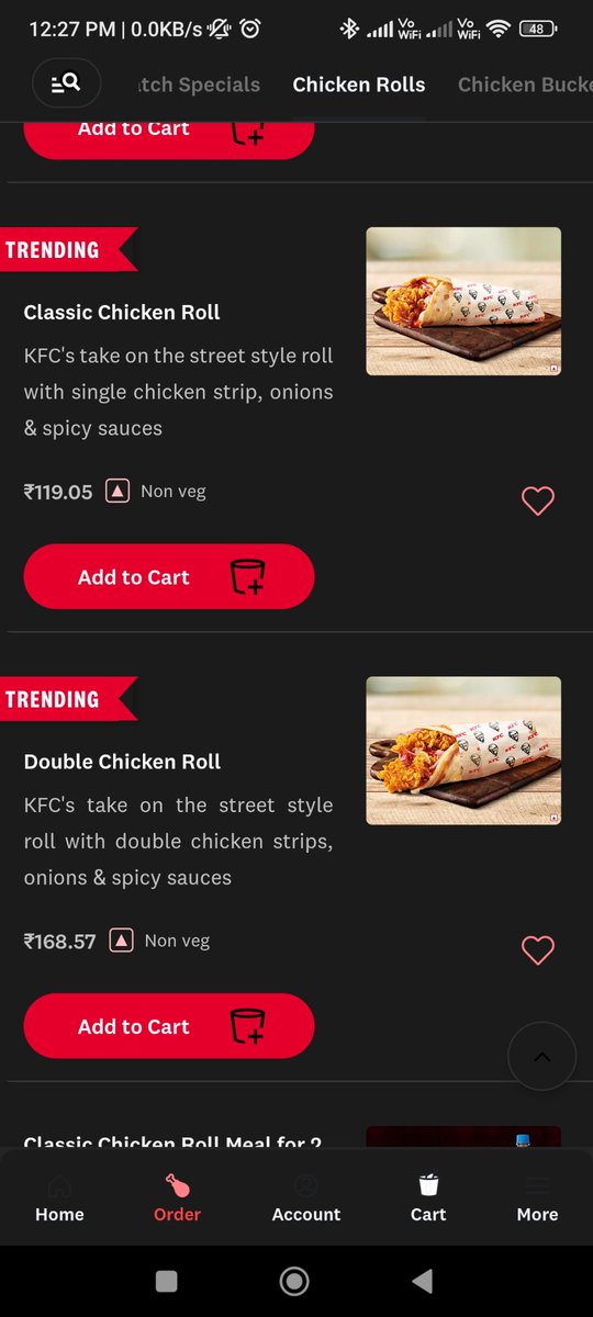 baig214's tweet photo. How blatantly @KFC_India lies by showing ads that Chicken Roll starts from ₹99 but in their app chicken roll starts from ₹119 
I hope they advertise properly by showing correct pricing.
@ascionline @jagograhakjago 
#KfcRoll https://t.co/SfgZ4y2wdu