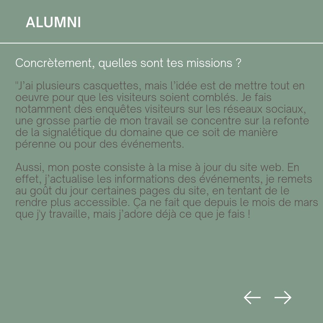 mpe_p3's tweet photo. 🔎 Elle travaille sur plusieurs missions : enquêter auprès des visiteurs sur les réseaux sociaux, repenser la signalétique du domaine, ou encore gérer la mise à jour du site web 💻 (actualisation avec les nouveaux évènements, amélioration de l’accessibilité du site). https://t.co/ytTnBeGP6t
