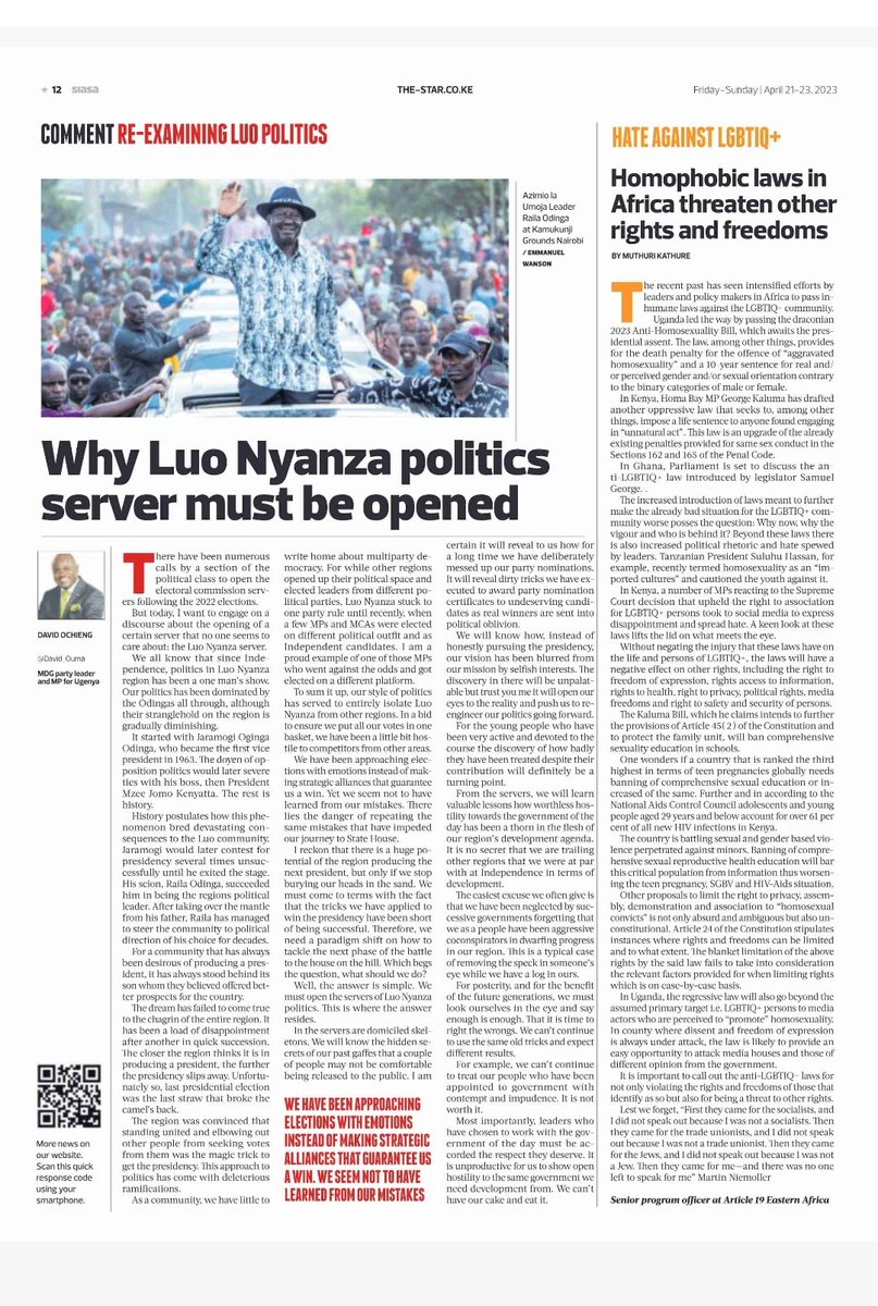 MuthuriKathure's tweet photo. In today's @TheStarKenya I argue that anti-LGBTIQ laws in a way or the other infringes on one's freedoms and rights irrespective of their sex, sexual orientation, gender or sexual play preference. https://t.co/0qXHS0Qzjm