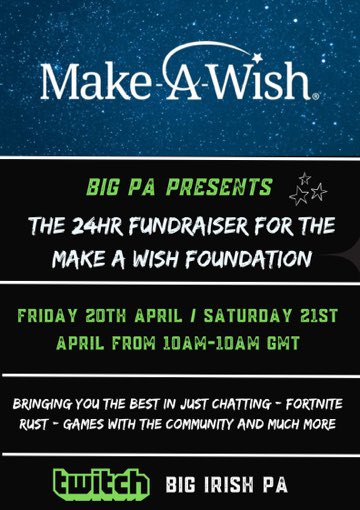 2 hours away let’s gooo!! @streamftwintl @MakeAWish_ie @S_Eireannach drop by for some laughs and some games!! See ye soon 💚 #streamforwishes #irish #streamer #twitch #24hourstream