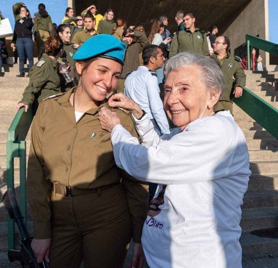 During the Holocaust, Ruth was deported by the Nazis to Auschwitz. She jumped from the train car and avoided the gas chambers. She then joined the partisans and fought the Nazis. Ruth is now 98 years old. Her granddaughter Opal is an officer in the IDF. #YomHaShoah