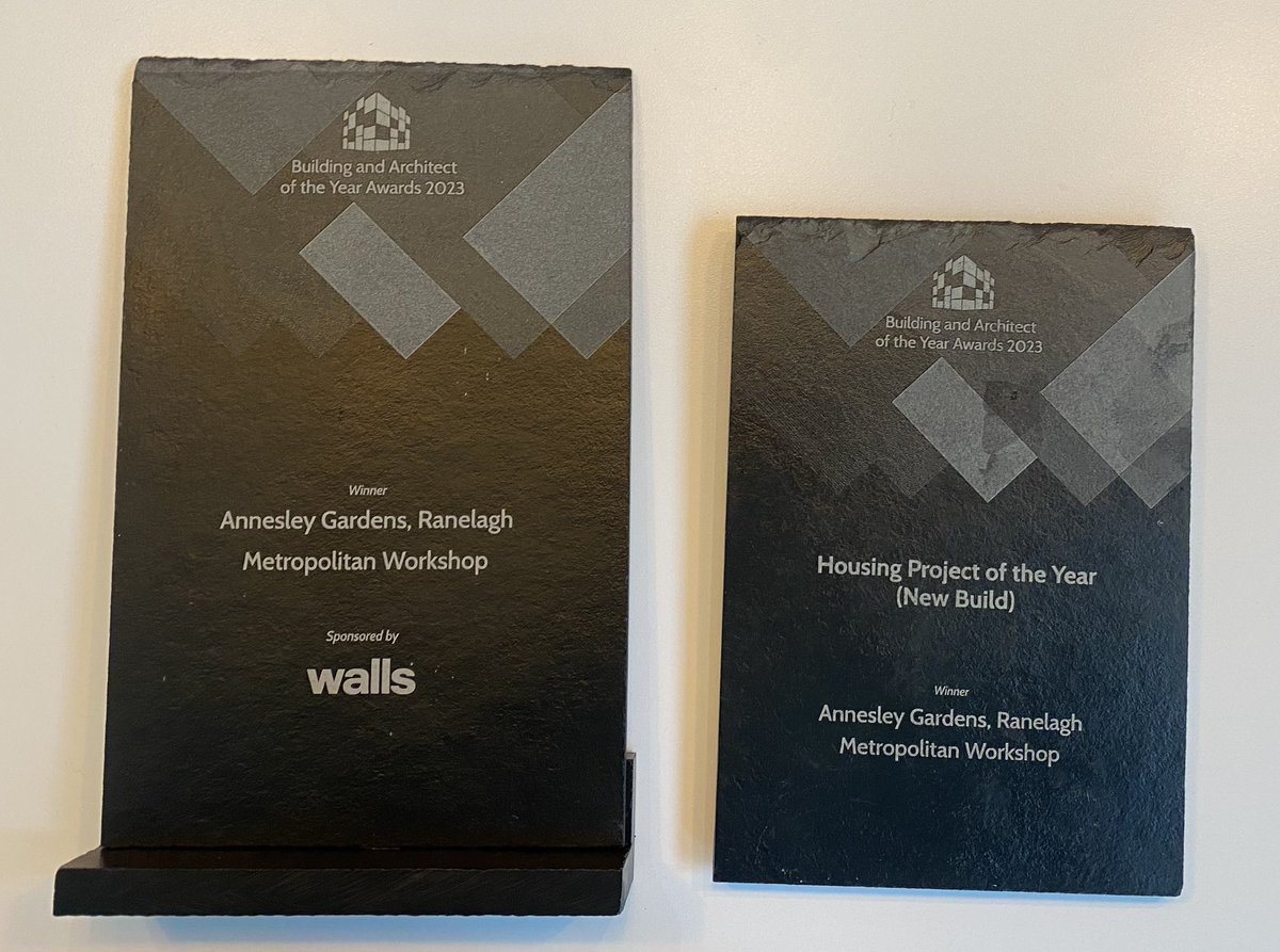 Delighted to bring home two awards last night as part of the amazing team <a href="/Met_Work/">Metropolitan Workshop</a>  at the #BuildingoftheYearIE for Annsely Gardens in Ranelagh. One for Housing Project of Year and overall Building of the Year @Jonny_mc_kenna