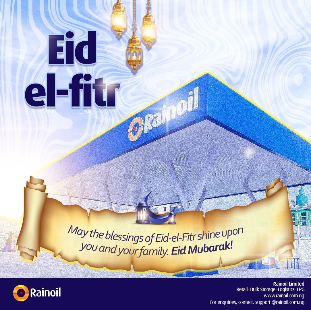 RainoilLimited's tweet photo. Here's to wishing you and your loved ones a blessed and joyous Eid-el-Fitr.
From all of us at Rainoil.
#eidelfitr
#rainoillimited
#downstream
#oilandgas
#creatingsuperiorvalue https://t.co/7ny1J9hecP
