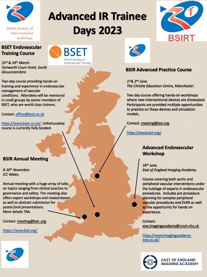 The British Society of Interventional Radiology (@bsir_news) on Twitter photo There are multiple opportunities to learn more about IR no matter what stage in your career you're at. Take a look below which summarise courses available around the UK. There is a mix for those looking to learn more and those looking to advance.
<a href="/IR_juniors/">IR Juniors</a> <a href="/traineesBSIR/">BSIR Trainees (British Society of IR Trainees)</a> There are multiple opportunities to learn more about IR no matter what stage in your career you're at. Take a look below which summarise courses available around the UK. There is a mix for those looking to learn more and those looking to advance.
<a href="/IR_juniors/">IR Juniors</a> <a href="/traineesBSIR/">BSIR Trainees (British Society of IR Trainees)</a>