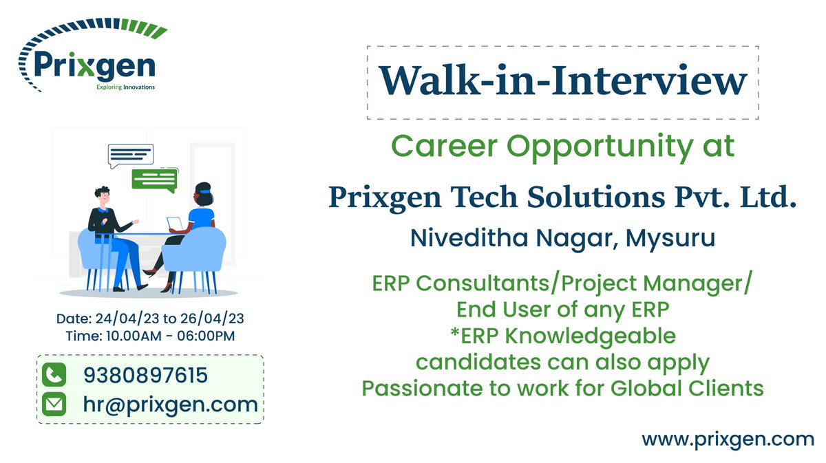 prixgentech's tweet photo. Hi All!
Walkin drive for ERP consultants in Mysore branches. Please refer within your network.
#jobseekers #ERPJobs #erpconsultant #prixgen #walkininterview https://t.co/4cuN83duZ6