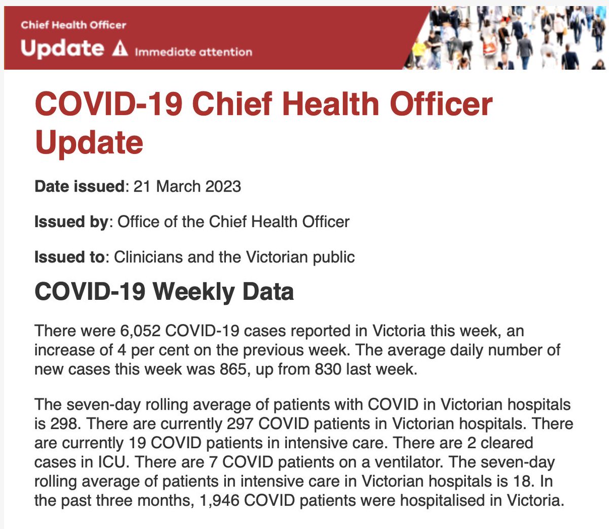 Vic CHO update 21 Apr 2023.
"Victoria’s sustained trend of an increase in Covid cases, hospitalisations and intensive care admissions continued this week.......40 COVID-related deaths"
Full text:
health.vic.gov.au/media-releases…