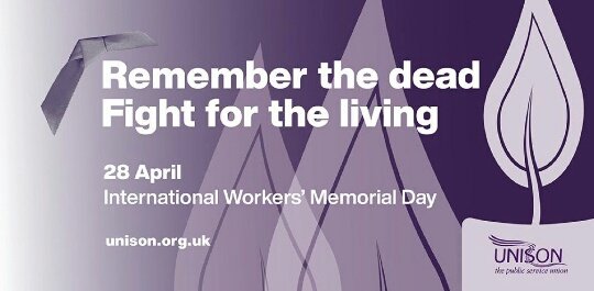 Each year on 28th April we remember those who died or suffered life changing illness through work...
#InternationalWorkersMemorialDay #IWMD2023BoltonTUC
BOLTON 
10:00 Assemble Bold St  
10:30 March (5 mins)
10:45 Assemble Town Hall Sq
11:00 Fall silent 
Wreaths/ Speeches