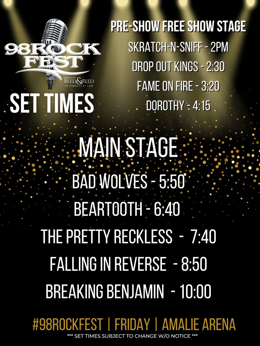 98rocktampabay's tweet photo. #98ROCKFEST Soooo who's playing when? Here's your rough guide to band times! *sets subject to change w/o notice* https://t.co/V75sPJEw9n