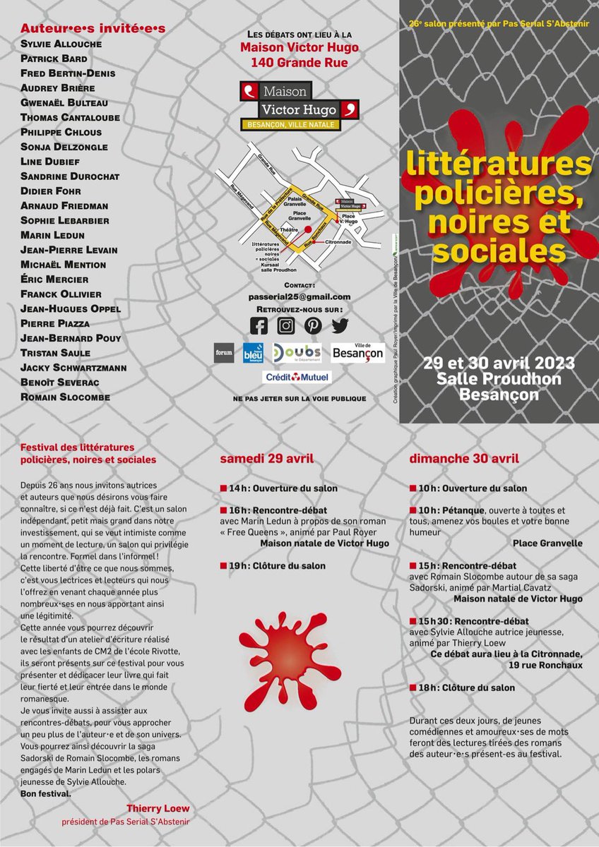 Ravi, comblé et impatient de retrouver les copines et copains du salon des Littératures policières noires et sociales les 29 et 30 avril à  la Salle Proudhon. J’y serai avec le p’tit dernier, Le Sang de La Chapelle, qui se déroule en partie à Ronchamp