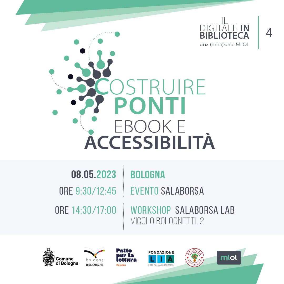 COSTRUIRE PONTI | Ebook e accessibilità

8 maggio 2023, conferenza e workshop a Bologna (<a href="/BiblioSalaborsa/">Biblioteca Salaborsa</a> e Salaborsa Lab). In collaborazione con <a href="/FondazioneLIA/">Fondazione LIA</a>