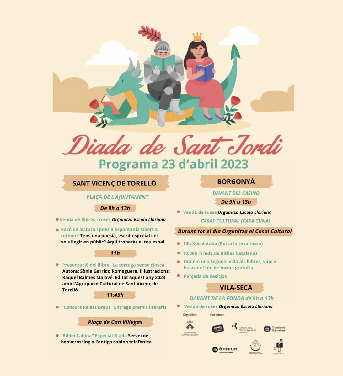 AjStVicencT's tweet photo. 🌹 Aquest proper diumenge 23 d'abril podreu viure una matinal de Sant Jordi especial i diferent

👉 Us deixem el cartell amb tots els actes programats per aquest diumenge a cada un dels nuclis del municipi

📚 Bona diada! https://t.co/rWxOVT3oga