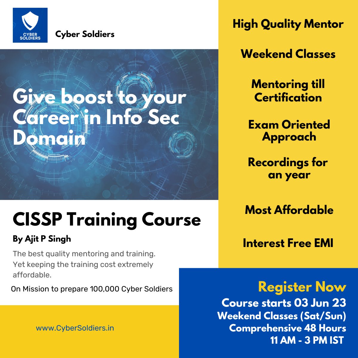 CyberSoldiers7's tweet photo. Are you interested in playing leadership roles in #infosec....be a #ciso ? Then #cissp by #isc2 is right choice. Ajit Pal Singh Wadhawan launches his CISSP Certification Training Course on Cyber Soldiers. 
📷 Register – https://t.co/4HRqxS0NU3 https://t.co/3V7HgEZJJ6