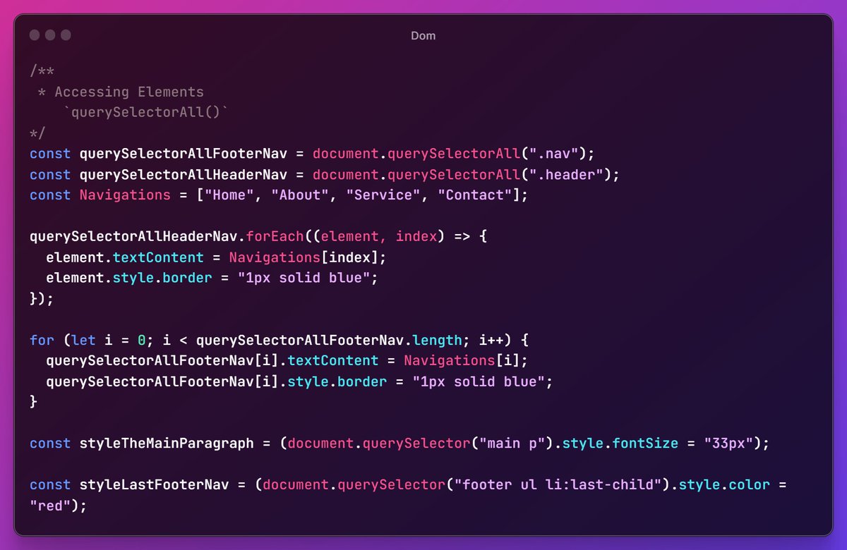 SamsonChiemezie's tweet photo. #Day 21: JavaScript Short code Snippet.
DOM MANIPULATION :- LOOPING THROUGH EACH NODELIST ELEMENT RETURNED BY #querySelectorAll() USING JAVASCRIPT #for #loop OR #forEach #loop AND USING STANDARD CSS QUERIES TO STYLE THE ELEMENTS OF #querySelector() ANd #querySelectorAll() https://t.co/embCSLJ71d