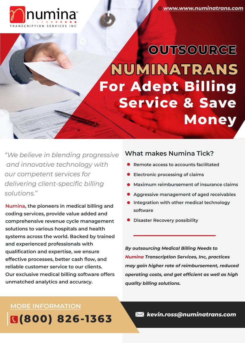 Outsourcing Medical Billing Needs to Numina Transcription Services, Inc, practices may gain higher rate of reimbursement, reduced operating costs, and get efficient as well as high quality billing solutions.
Email: kevin.ross@numinatrans.com
#medicalbilling #medicalbillingservice