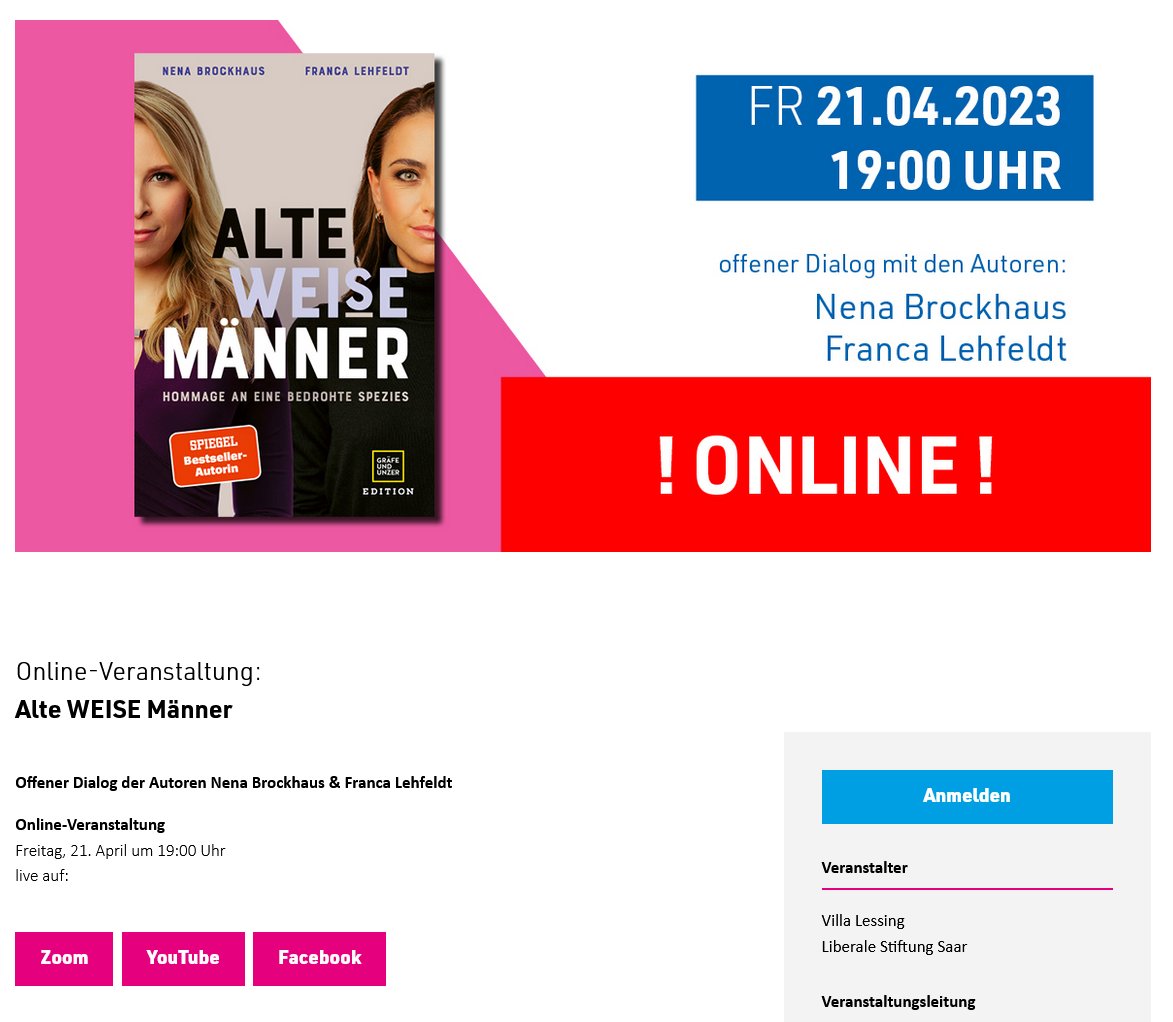 Markus Konzelmann (@ma19rk78us) on Twitter photo 19 Uhr-Live-Online-Veranstaltungstipp für heute den 21.April 2023 <a href="/VillaLessing/">Villa Lessing</a> mit <a href="/nenacasc/">NENA BROCKHAUS</a> und <a href="/francalehfeldt/">Franca Lehfeldt</a>
villa-lessing.de/veranstaltunge… 19 Uhr-Live-Online-Veranstaltungstipp für heute den 21.April 2023 <a href="/VillaLessing/">Villa Lessing</a> mit <a href="/nenacasc/">NENA BROCKHAUS</a> und <a href="/francalehfeldt/">Franca Lehfeldt</a>
villa-lessing.de/veranstaltunge…