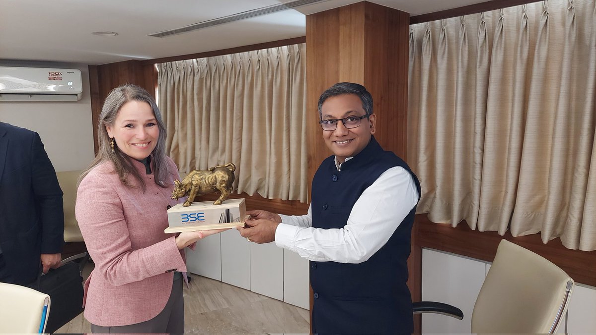 BSEIndia's tweet photo. Parliamentarians from EFTA countries had an informative visit to BSE, where they engaged in a meaningful discussion with Mr. Sundararaman Ramamurthy, the MD&amp;CEO of @BSEIndia. They also had the privilege of ringing the iconic #BSEBell and clicked picture with the #BSEBull https://t.co/txuUYJgN7W