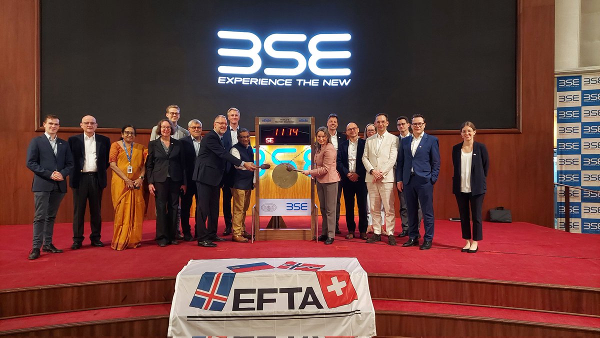 BSEIndia's tweet photo. Parliamentarians from EFTA countries had an informative visit to BSE, where they engaged in a meaningful discussion with Mr. Sundararaman Ramamurthy, the MD&amp;CEO of @BSEIndia. They also had the privilege of ringing the iconic #BSEBell and clicked picture with the #BSEBull https://t.co/txuUYJgN7W
