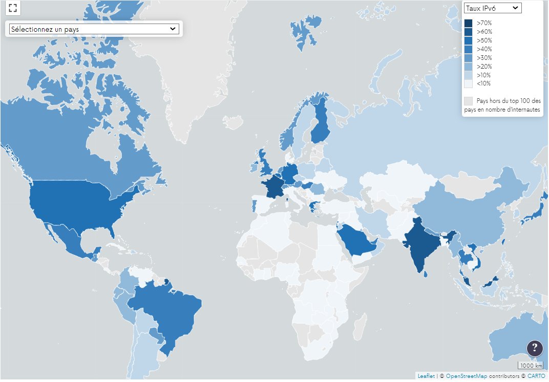 Arcep's tweet image. 🌍Afin d’avoir une vision plus précise de l’état de l’utilisation d’#IPv6 dans le monde, l’@Arcep publie pour la première fois une carte interactive qui permet de visualiser notamment les taux d’utilisation d’IPv6 pays par pays carteipv6.arcep.fr