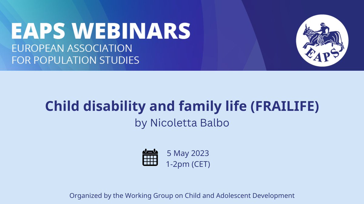 EAPS (@eaps_pop) on Twitter photo New webinar by our Working Group on Child and Adolescent Development! On 5 May <a href="/sissinicobalbo/">Nicoletta Balbo</a> will give a presentation about Child Disability and Family Life. Read more and register
us02web.zoom.us/meeting/regist… New webinar by our Working Group on Child and Adolescent Development! On 5 May <a href="/sissinicobalbo/">Nicoletta Balbo</a> will give a presentation about Child Disability and Family Life. Read more and register
us02web.zoom.us/meeting/regist…