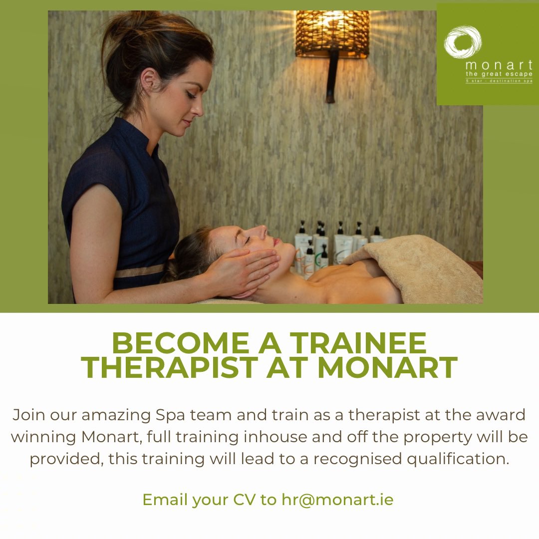 Become a trainee therapist at #Monart ⭐️ We have an exciting opportunity for a person interested in pursuing a career as a spa therapist. Email hr@monart.ie and check out ie.indeed.com/m/viewjob?jk=f…