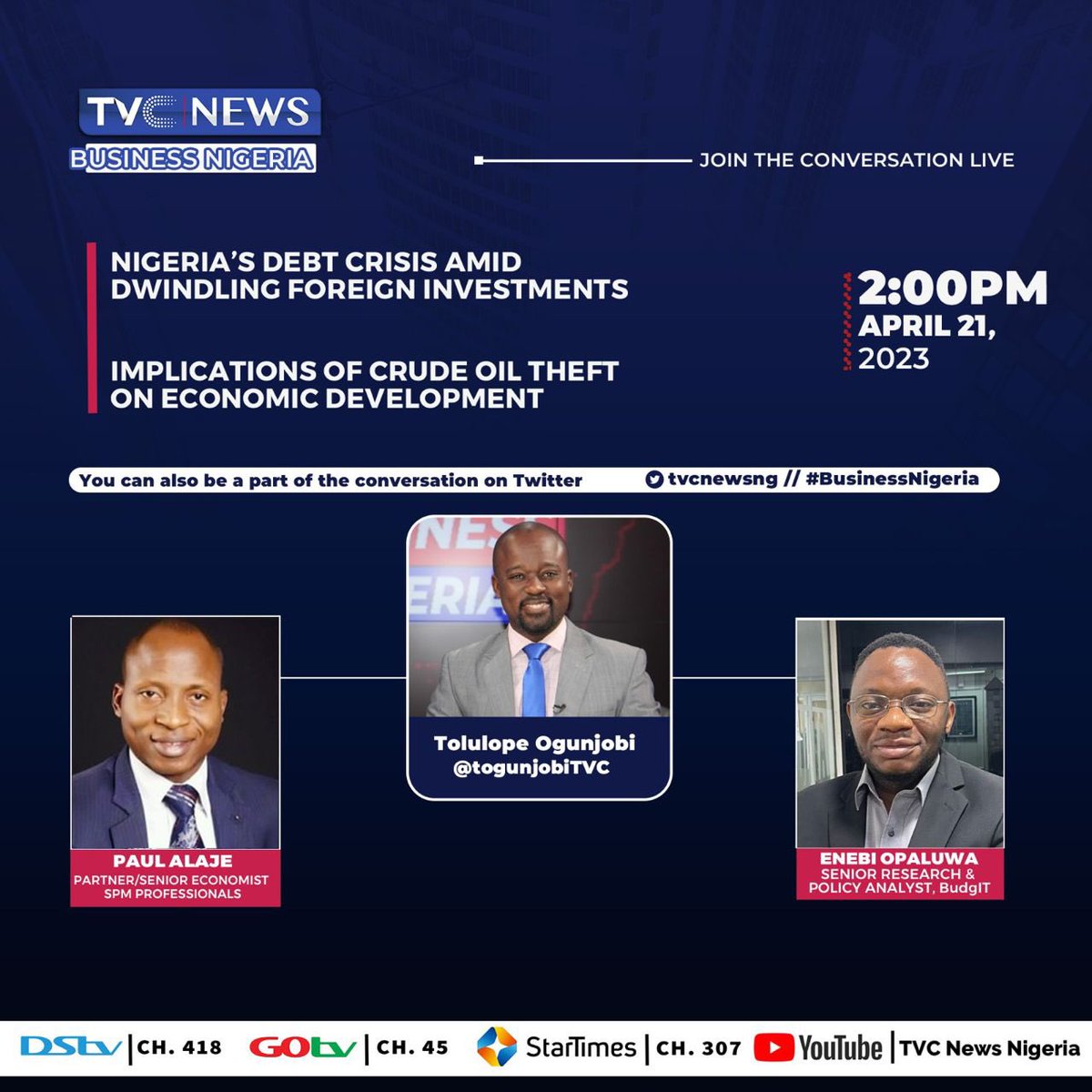 At 2pm today, our Senior Research and Policy Analyst, <a href="/EnebiOpaluwa/">Enebi Opaluwa</a> will join <a href="/tvcnewsng/">TVC News</a>’s <a href="/togunjobiTVC/">Tolulope Ogunjobi</a> to discuss the implications of crude oil theft on the nations economy. 

Stream on YouTube to be a part of the conversation.