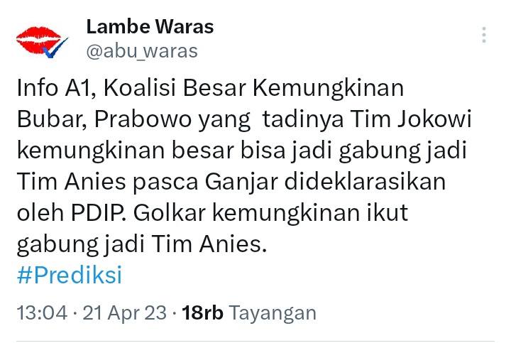 BuzzeRP <a href="/aniesbaswedan/">Anies Rasyid Baswedan</a> panik Ganjar resmi diusung PDIP.

Menghibur diri dengan pamer kebodohan.
Info A1, kemungkinan, bisa jadi, prediksi.
Yg benar yg mana drun <a href="/abu_waras/">Lambe Waras</a>? 😂😝

#GanjarCapresPDIP