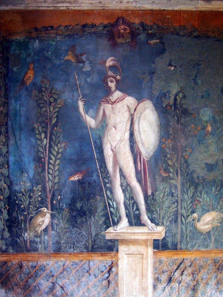p_historians's tweet photo. The stunning saturation of blue colour in this fresco makes it an absolute standout. 

A statue of Mars takes centre stage holding a spear and shield. He stands on a plinth surrounded by lush flora and many birds.

📍 House of Venus, Pompeii
📸 @carolemadge 

#FrescoFriday https://t.co/UXQmEx0ZPk