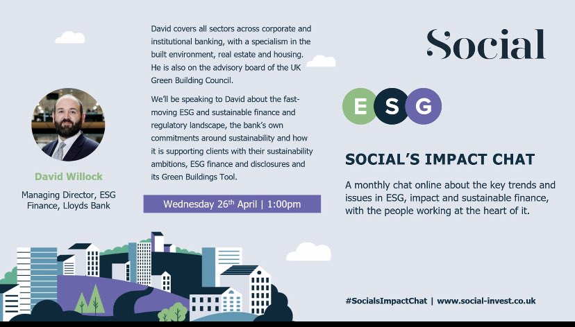 Looking forward to our next edition of Social’s Impact Chat on Wednesday at 1pm, when I’ll be speaking to David Willock, head of ESG finance at Lloyds Bank. Please do join us! #esg #esginvesting #esgreporting #sustainability Sign up here: tinyurl.com/5exxczhf