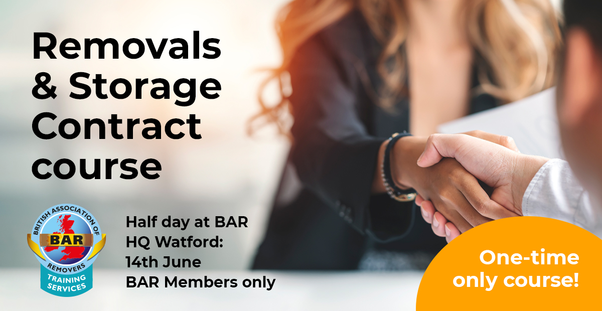 cmg_bar's tweet photo. BAR Training is running a new, one-off course on 'Contracts' in removals and storage, delivered by Peter Gower of Pickfords, a renowned expert in the subject. 
 
14th June 2023 (10:30 – 14:30), Watford
£40.00 + VAT pp (BAR Member)
Contact BAR Training at: training@bar.co.uk https://t.co/pafvTrE6UV