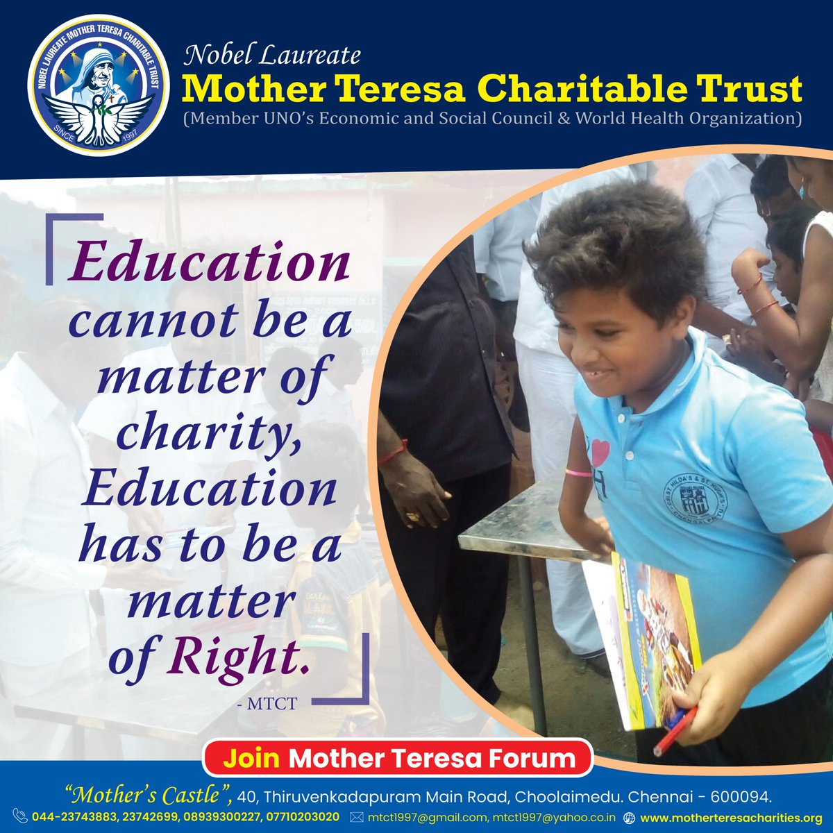 Mtctcharities's tweet image. Education cannot be a matter of charity,
Education has to be a matter of Right. - MTCT

Join  Mother Teresa Forum
For Joining: motherteresacharities.org/member.php
For Donations: motherteresacharities.org/donations.php

#public #edcation #charityeducation #charity #RightEducation #mtf #helpinghands