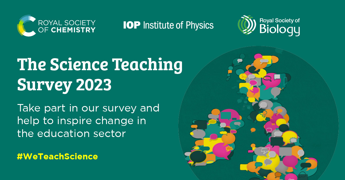 RoySocChem's tweet photo. The Science Teaching Survey 2023 is open – take part to help us understand the rewards &amp; challenges of science teaching in 2023. The findings will help us continue to support science educators, drive policy change &amp; shape education ⏩  https://t.co/7mb9rwNCP5 #WeTeachScience https://t.co/AkMoJtqYaF