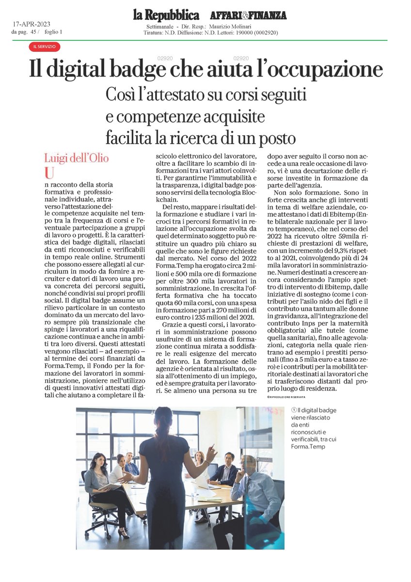 assolavoro's tweet photo. Nel 2022 l'offerta formativa di #Formatemp ha toccato quota 60mila corsi, con una spesa pari a 270 milioni di euro (235 milioni nel 2021). Al termine dei corsi viene rilascio il #DigitalBadge, un innovativo #attestato delle competenze. 👉https://t.co/gLfYXNqqhj #LavorodiValore https://t.co/xE3EiwRVAs